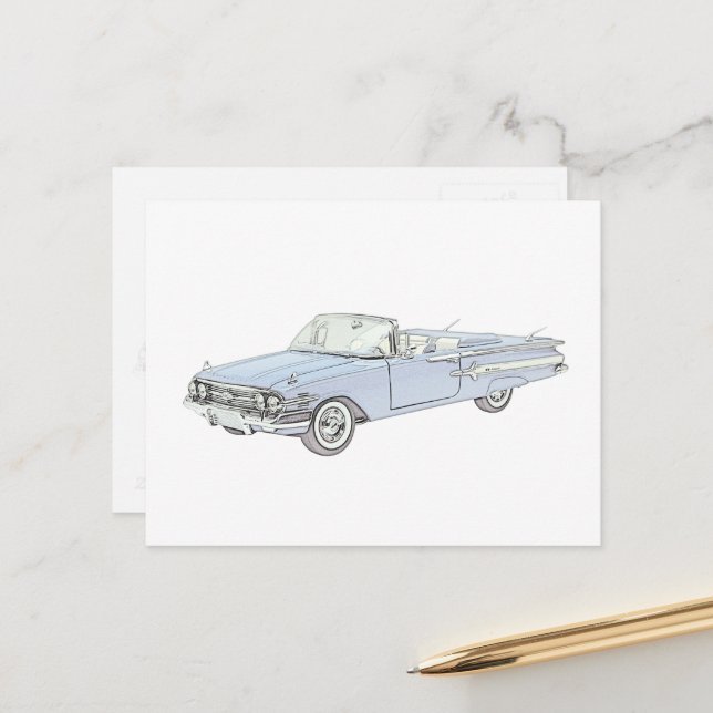 Postal Dibujo de lápiz convertible Chevy Impala azul 1960 (Anverso/Reverso In Situ)