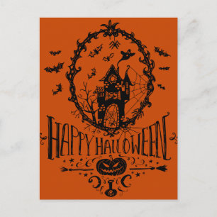 Postal Dibujo de línea de Casa Embrujada Feliz Halloween