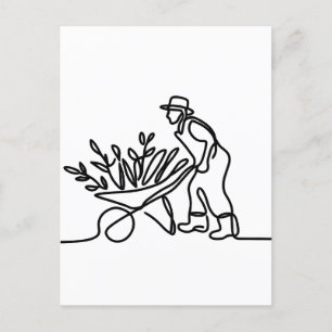 Postal dibujo de línea de un agricultor o jardinero