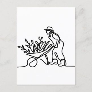 Postal dibujo de línea de un agricultor o jardinero