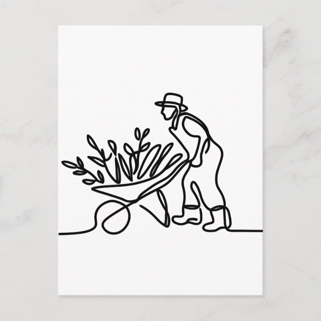 Postal dibujo de línea de un agricultor o jardinero (Anverso)