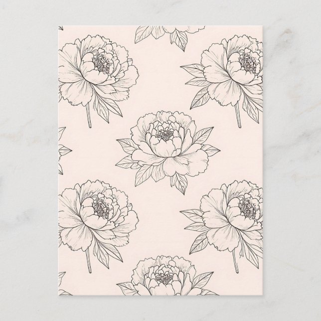 Postal Dibujo de línea floral de peonía suave (Anverso)