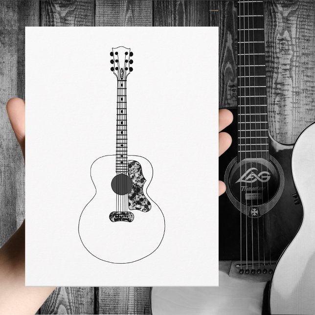 Postal Dibujo de línea monocroma Música de guitarra acúst (Simple acoustic guitar black and white line art drawing greetings postcard guitarist musician )