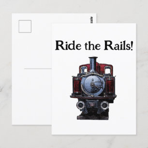 Postal Dibujo de Locomotora de Tren Rojo y Azul