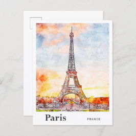 Postal Dibujo de mano de bosquejo de acuarela Eiffel Pari