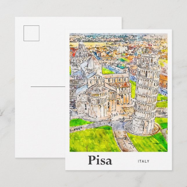 Postal Dibujo de mano de esbozo de acuarela de Pisa Itali (Anverso / Reverso)
