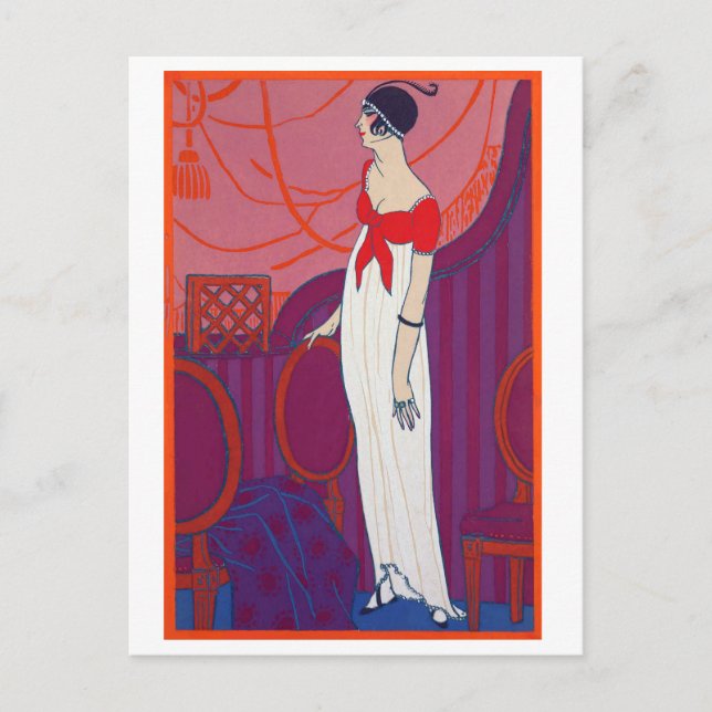 Postal Dibujo de moda Art Déco rojo de George Barbier (Anverso)