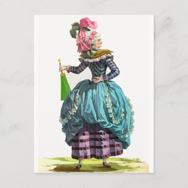 Postal Dibujo de moda francés de la regencia púrpura y az (Anverso)