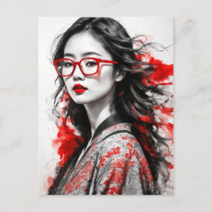 Postal Dibujo de mujer asiática blanca negra