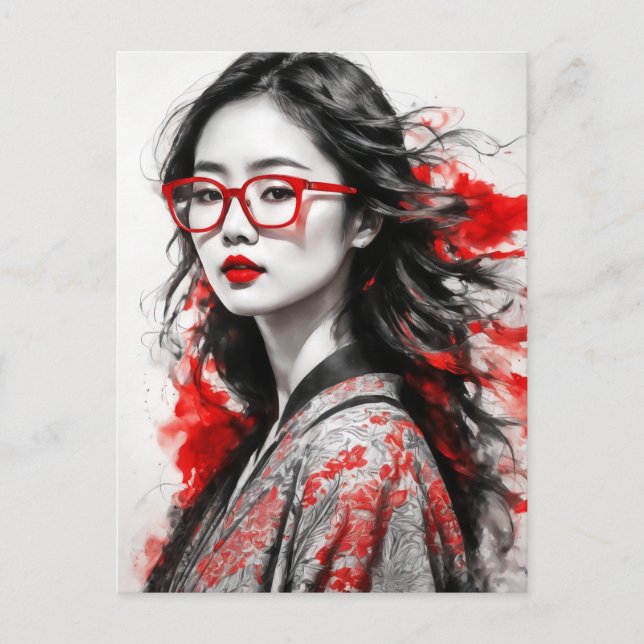Postal Dibujo de mujer asiática blanca negra (Anverso)