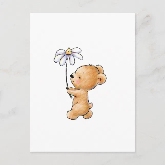 Postal Dibujo de oso de peluche caminando con flores