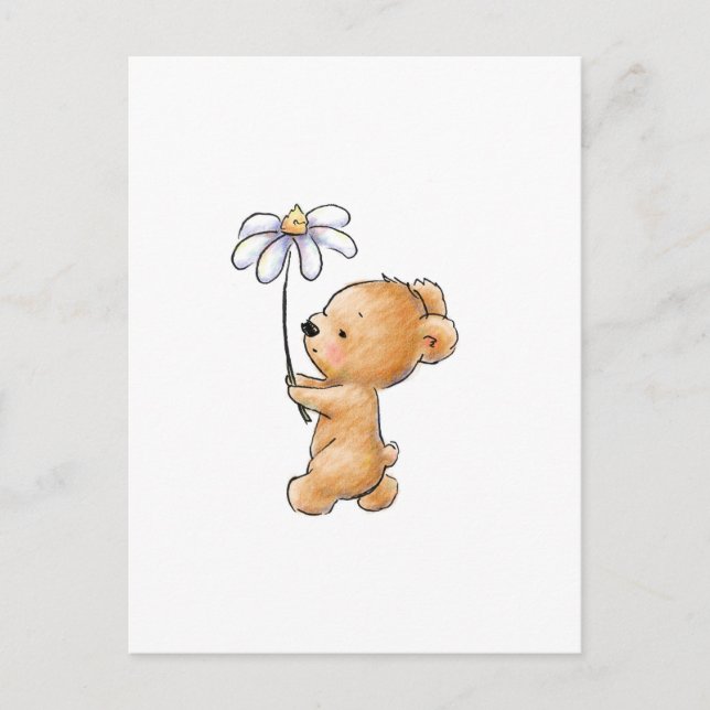Postal Dibujo de oso de peluche caminando con flores (Anverso)