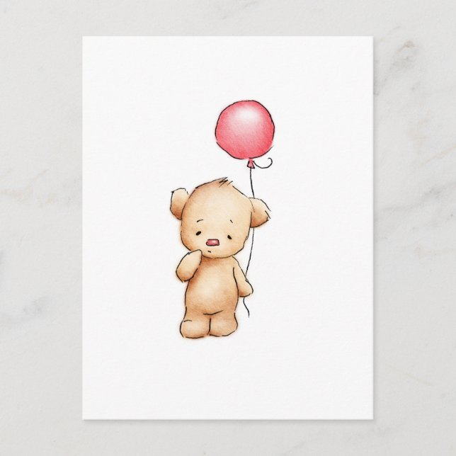 Postal Dibujo de oso de peluche con globo rojo (Anverso)