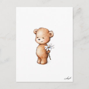 Postal Dibujo de oso de peluche con margarita