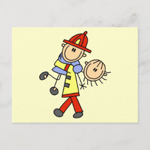 Postal Dibujo de palitos de bombero salvando vidas