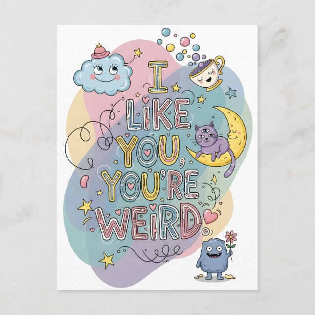Postal Dibujo de Pastel Gato Monstruo Caprichoso (Anverso)