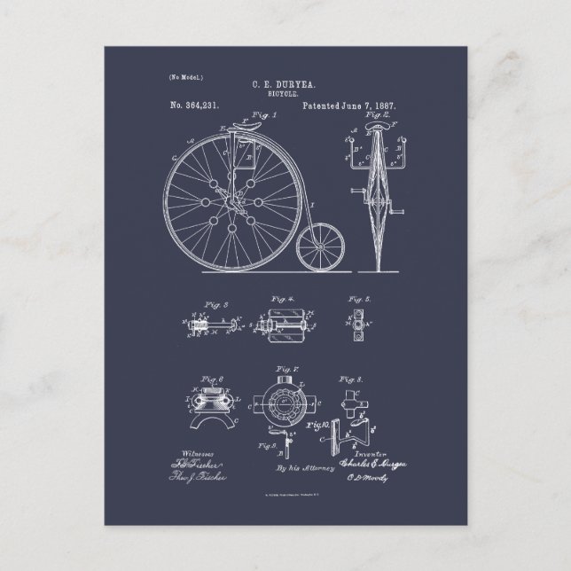 Postal Dibujo de Patentes Penny Farthing de la Bicicleta  (Anverso)