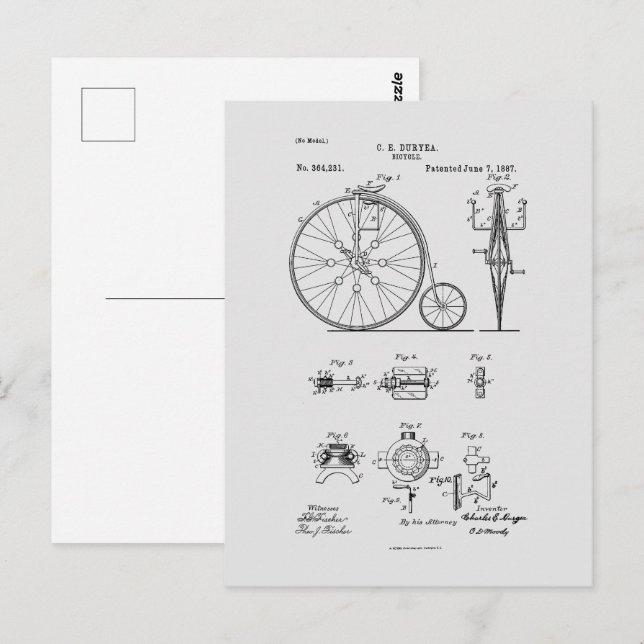 Postal Dibujo de Patentes Penny Farthing de la Bicicleta  (Anverso / Reverso)