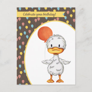 Postal Dibujo de pato lindo con globo naranja de cumpleañ