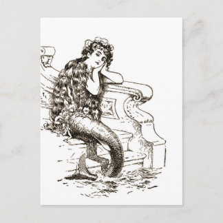 Postal Dibujo de sirena blanca vintage