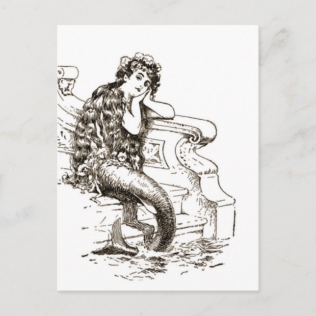Postal Dibujo de sirena blanca vintage (Anverso)