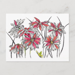 Postal Dibujo de tinta de arte botánico con flores de mar