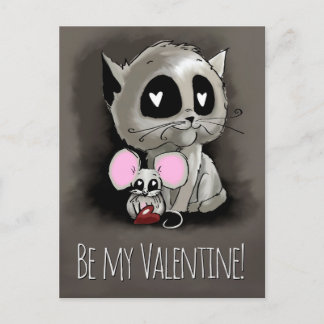 Postal Dibujo de tinta de gato y ratón, sé mi San Valentí