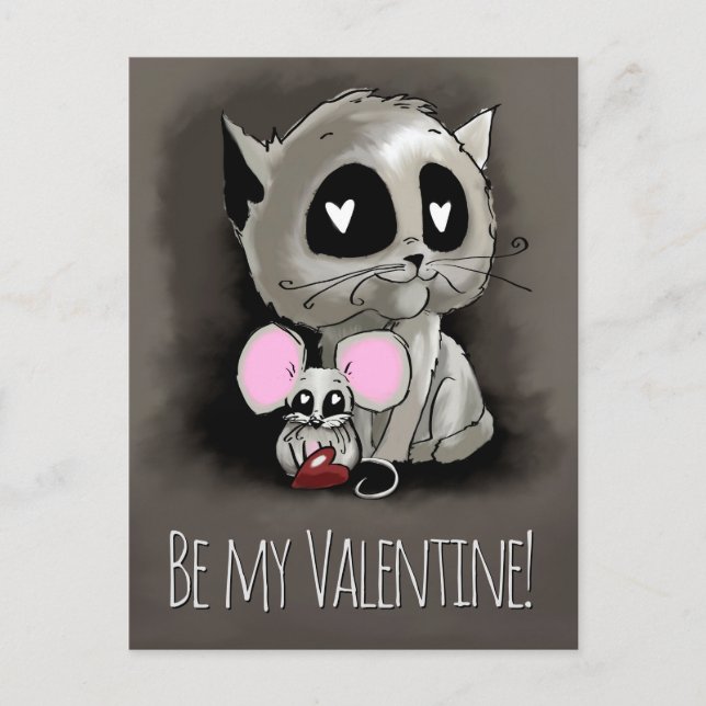 Postal Dibujo de tinta de gato y ratón, sé mi San Valentí (Anverso)