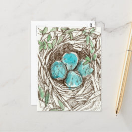 Postal Dibujo de tinta de primavera de Robin azul Nest