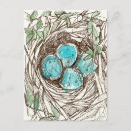 Postal Dibujo de tinta de primavera de Robin azul Nest