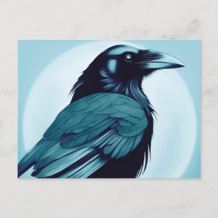 Postal Dibujo de un cuervo negro sobre azul claro