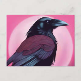 Postal Dibujo de un cuervo negro sobre rosa neón