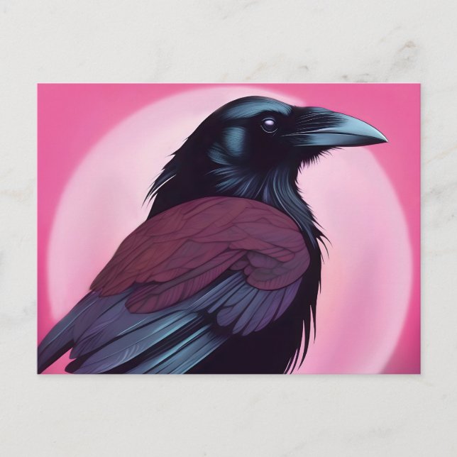 Postal Dibujo de un cuervo negro sobre rosa neón (Anverso)