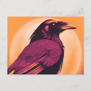 Postal Dibujo de un cuervo negro sobre un naranja amarill