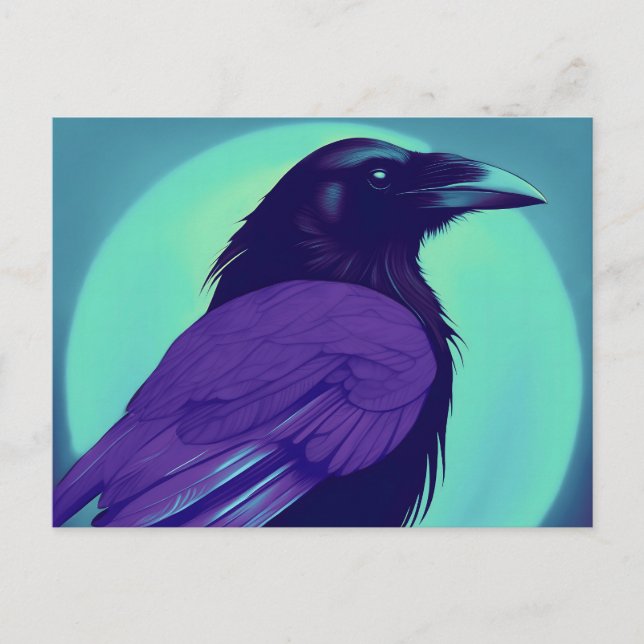Postal Dibujo de un cuervo sobre fondo azul neón (Anverso)