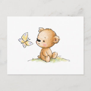 Postal Dibujo de un lindo oso de peluche con mariposa