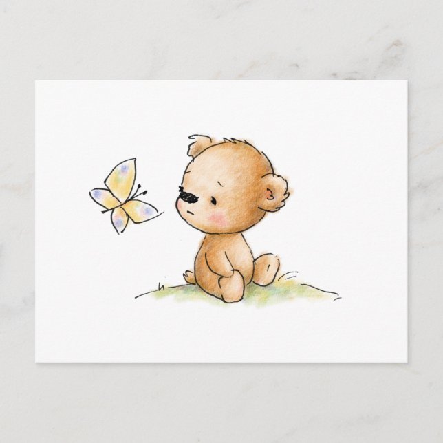 Postal Dibujo de un lindo oso de peluche con mariposa (Anverso)