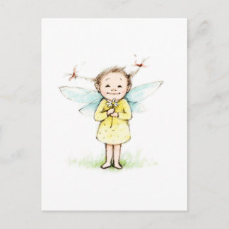 Postal Dibujo de un pequeño hada con flor