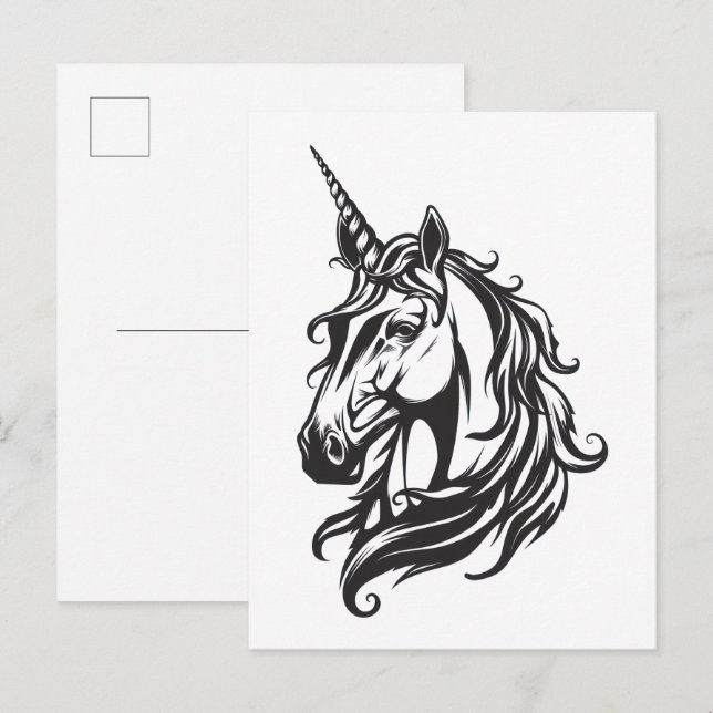 Postal Dibujo de Unicornio Blanco y Negro (Anverso / Reverso)