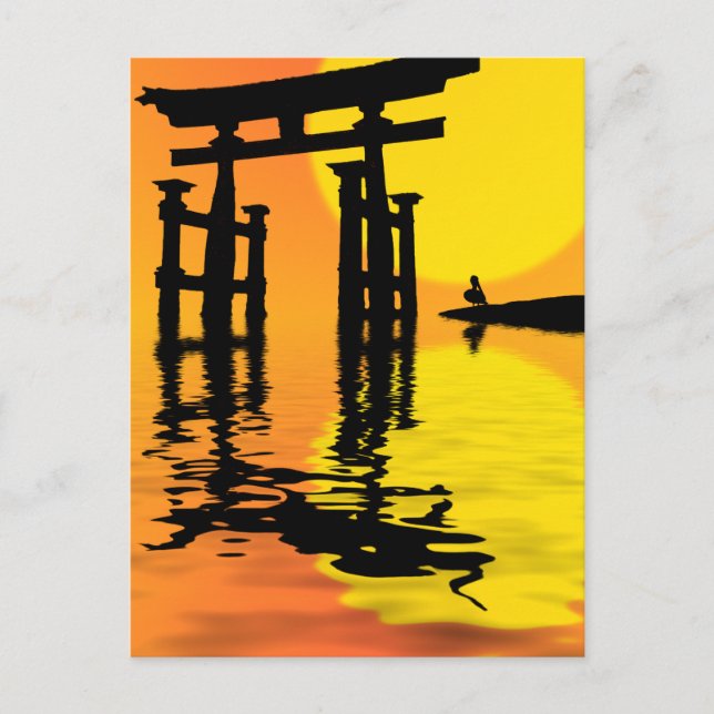 Postal Dibujo del atardecer Torii (puerta) japonés (Anverso)