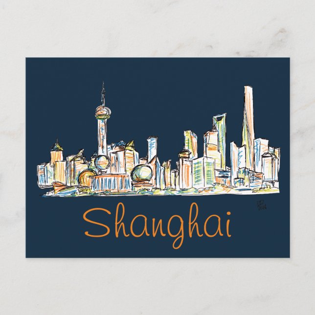 Postal Dibujo del horizonte de Shangai (Anverso)