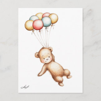 Postal Dibujo del Oso de Teddy volando con globos