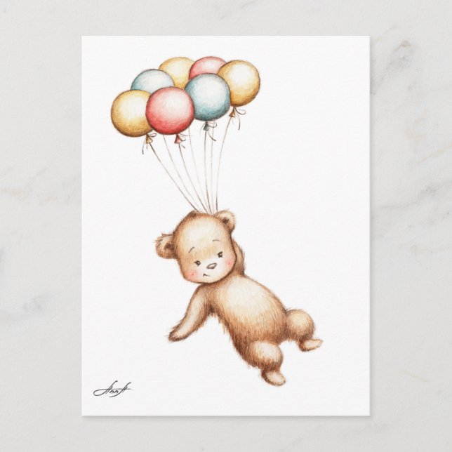 Postal Dibujo del Oso de Teddy volando con globos (Anverso)