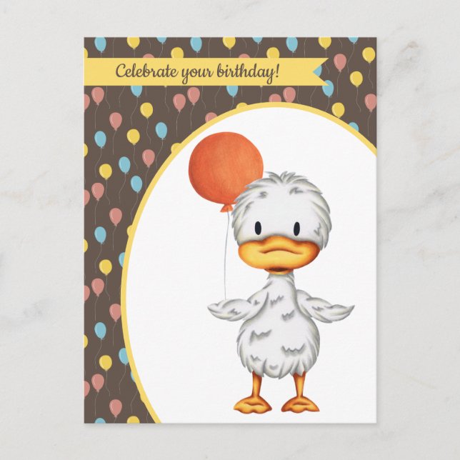 Postal Dibujo del Pato Cute con Naranja Balón Cumpleaños (Anverso)