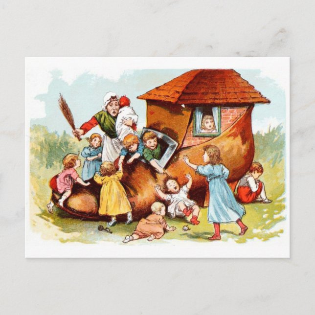 Postal Dibujo del vintage: La mujer que vive en un zapato (Anverso)