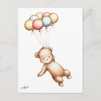 Postal Dibujo del vuelo del oso de peluche con los globos