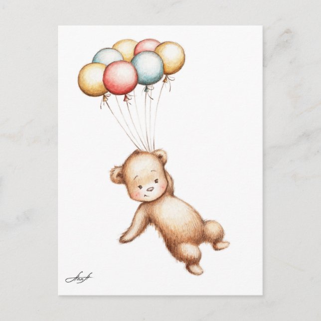 Postal Dibujo del vuelo del oso de peluche con los globos (Anverso)
