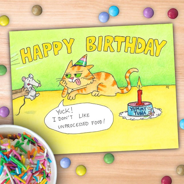 Postal Dibujo divertido de cumpleaños de gato feliz (Subido por el creador)