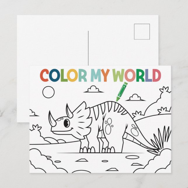 Postal Dibujo divertido de dinosaurio para colorear (Anverso / Reverso)