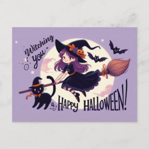 Postal Dibujo divertido de Halloween con bruja y gato